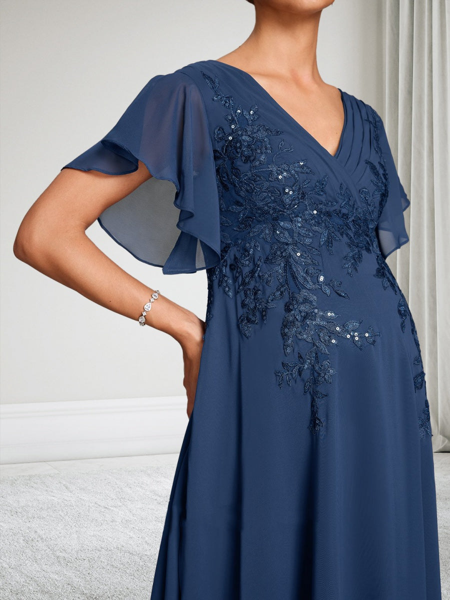 A-Line/Princess V-Neck Short Sleeves Chiffon Floor-Length Maternity Wedding Guest Dresses with Appliques