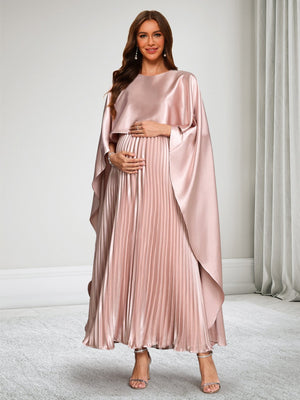 A-Line/Princess Round Neck Pleated Satin Ankle-Length Baby Shower Wedding Guest Dresses with Cape