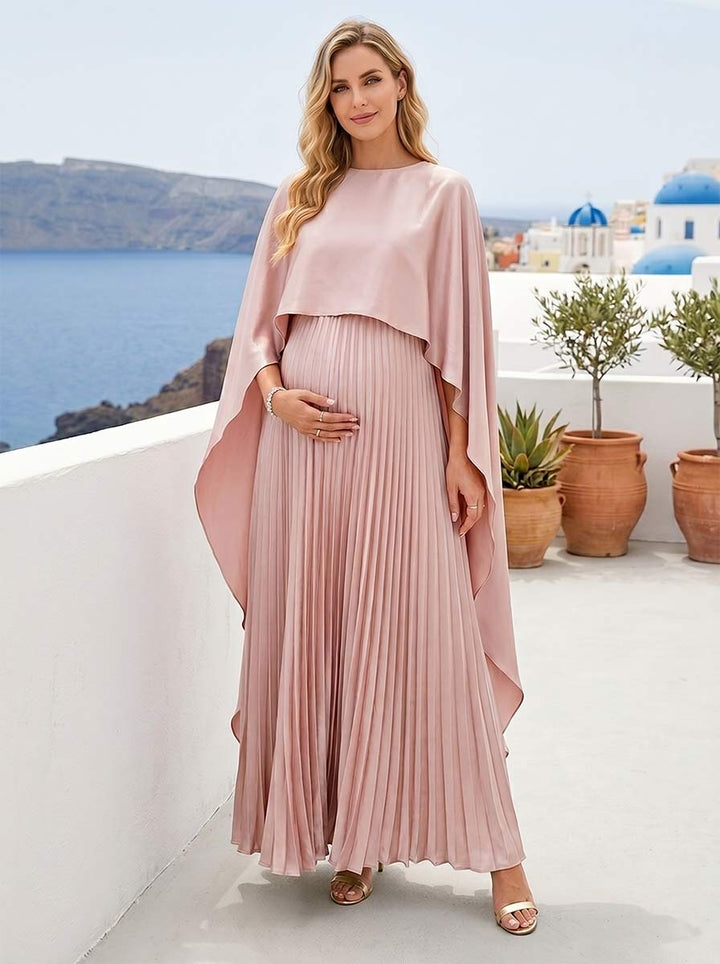 A-Line/Princess Round Neck Pleated Satin Ankle-Length Maternity Wedding Guest Dresses with Cape