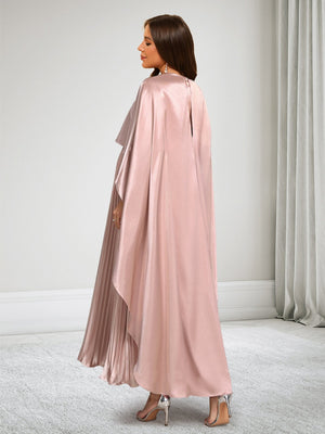 A-Line/Princess Round Neck Pleated Satin Ankle-Length Baby Shower Wedding Guest Dresses with Cape