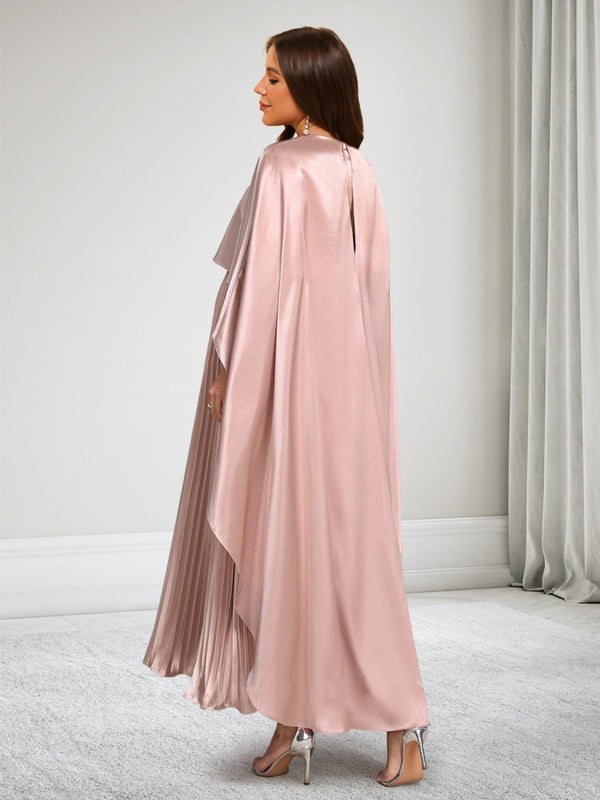 A-Line/Princess Round Neck Pleated Satin Ankle-Length Baby Shower Wedding Guest Dresses with Cape