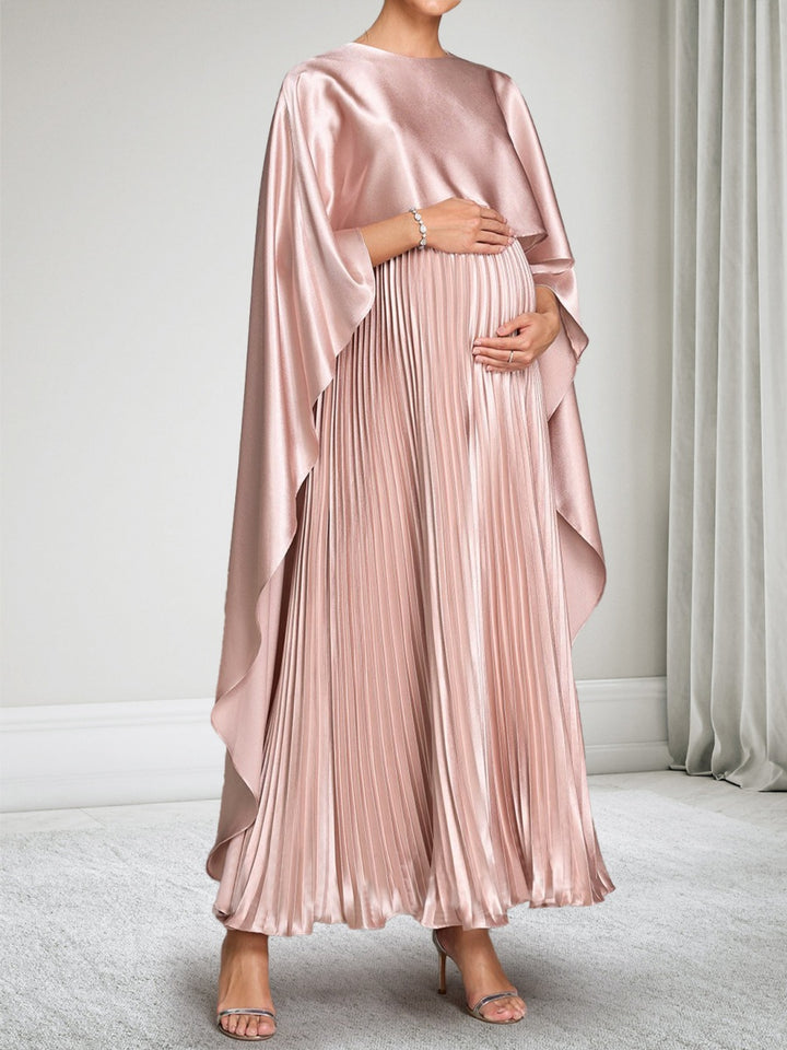 A-Line/Princess Round Neck Pleated Satin Ankle-Length Maternity Wedding Guest Dresses with Cape