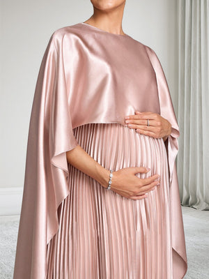 A-Line/Princess Round Neck Pleated Satin Ankle-Length Baby Shower Wedding Guest Dresses with Cape