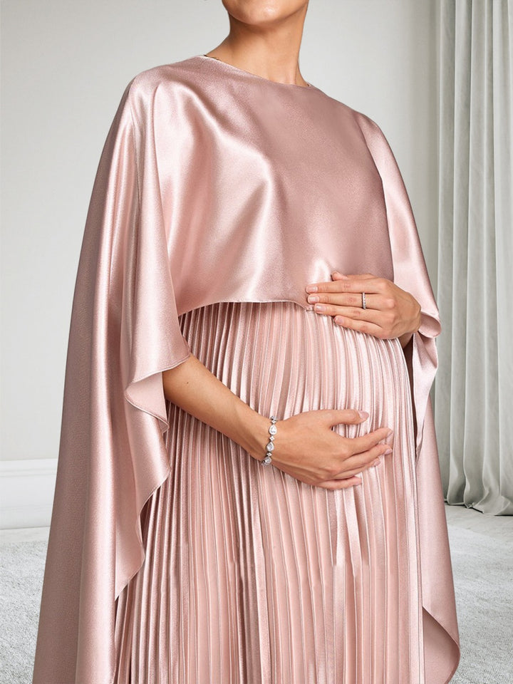 A-Line/Princess Round Neck Pleated Satin Ankle-Length Maternity Wedding Guest Dresses with Cape