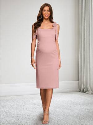 Sheath/Cloumn Square Neck Chiffon Knee-Length Baby Shower Wedding Guest Dresses with Bowknot