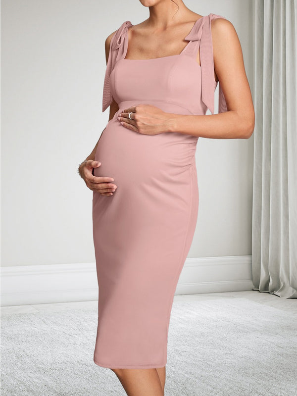 Sheath/Cloumn Square Neck Chiffon Knee-Length Baby Shower Wedding Guest Dresses with Bowknot