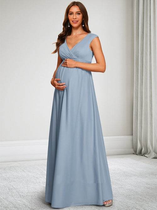 A-Line/Princess V-Neck Chiffon Floor-Length Baby Shower Wedding Guest Dresses with Ruched