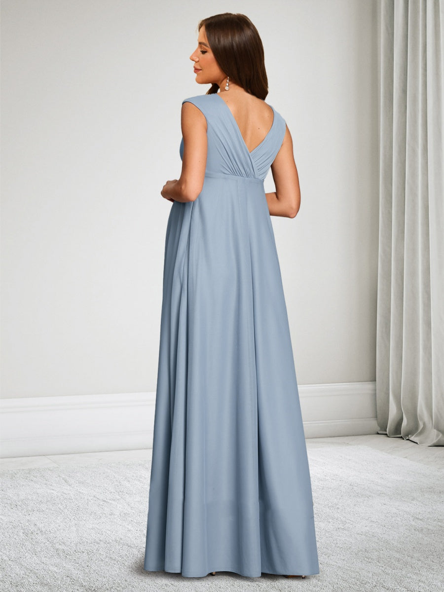 A-Line/Princess V-Neck Chiffon Floor-Length Maternity Wedding Guest Dresses with Ruched