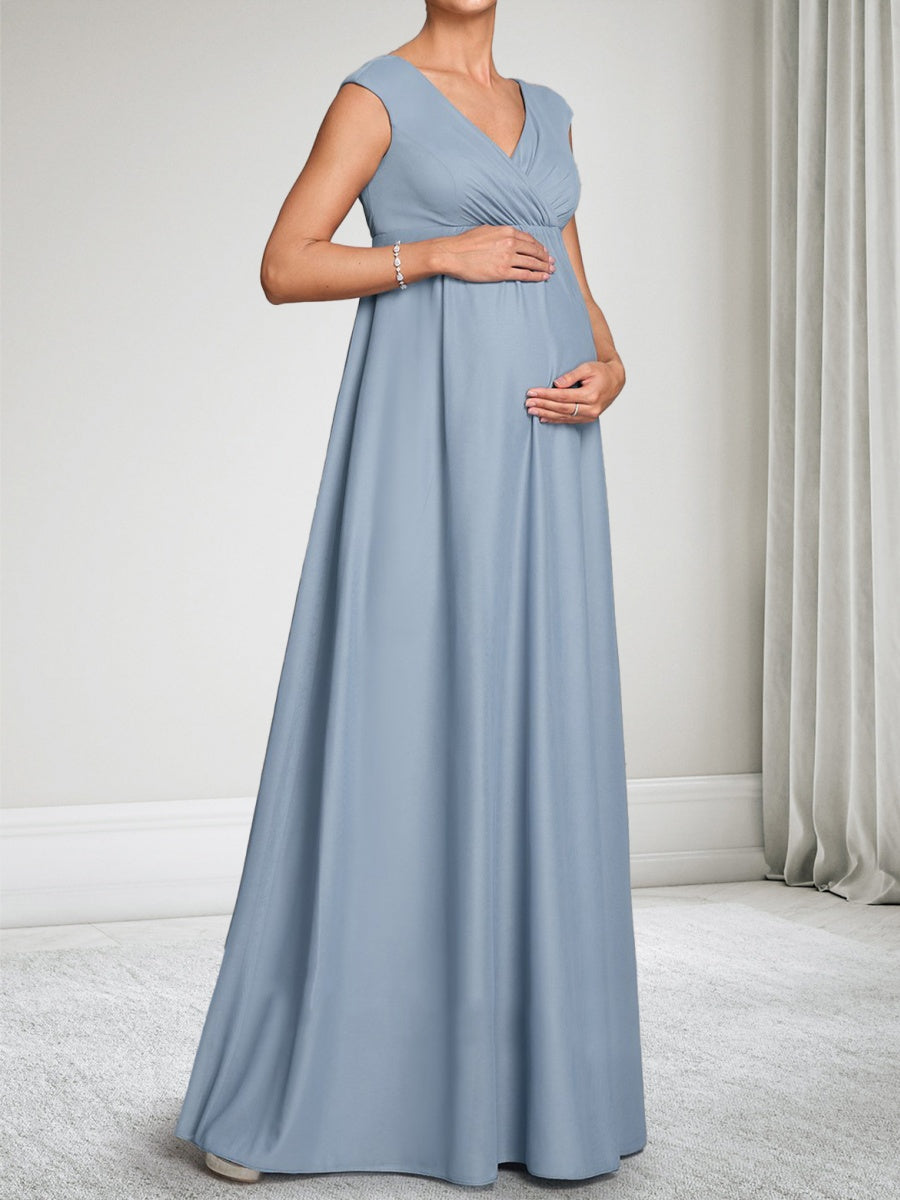 A-Line/Princess V-Neck Chiffon Floor-Length Maternity Wedding Guest Dresses with Ruched