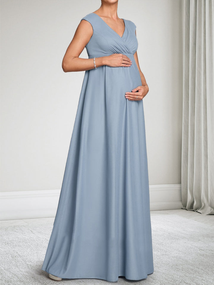 A-Line/Princess V-Neck Chiffon Floor-Length Maternity Wedding Guest Dresses with Ruched