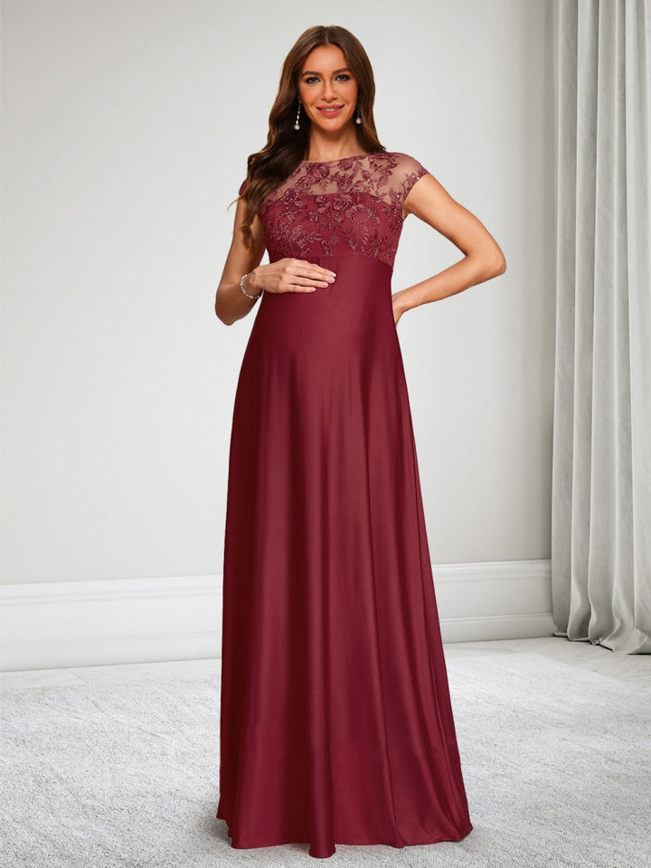 A-Line/Princess Boat Neck Cap Sleeves Floor-Length Maternity Wedding Guest Dresses with Lace