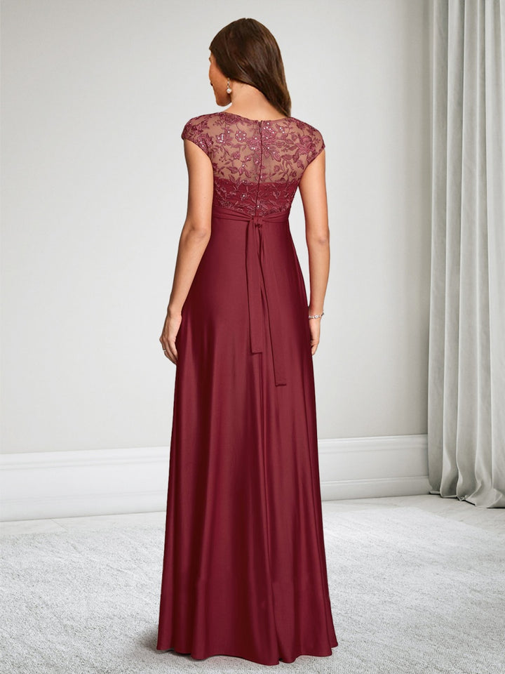 A-Line/Princess Boat Neck Cap Sleeves Floor-Length Maternity Wedding Guest Dresses with Lace