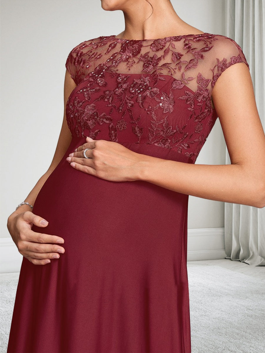A-Line/Princess Boat Neck Cap Sleeves Floor-Length Maternity Wedding Guest Dresses with Lace