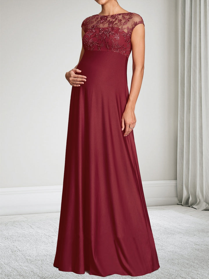 A-Line/Princess Boat Neck Cap Sleeves Floor-Length Maternity Wedding Guest Dresses with Lace
