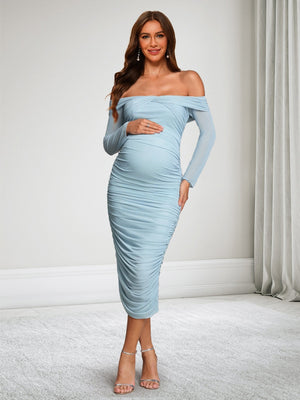 Sheath/Cloumn Off-the-Shoulder Tea-Length Long Sleeves Baby Shower Wedding Guest Dresses with Ruched