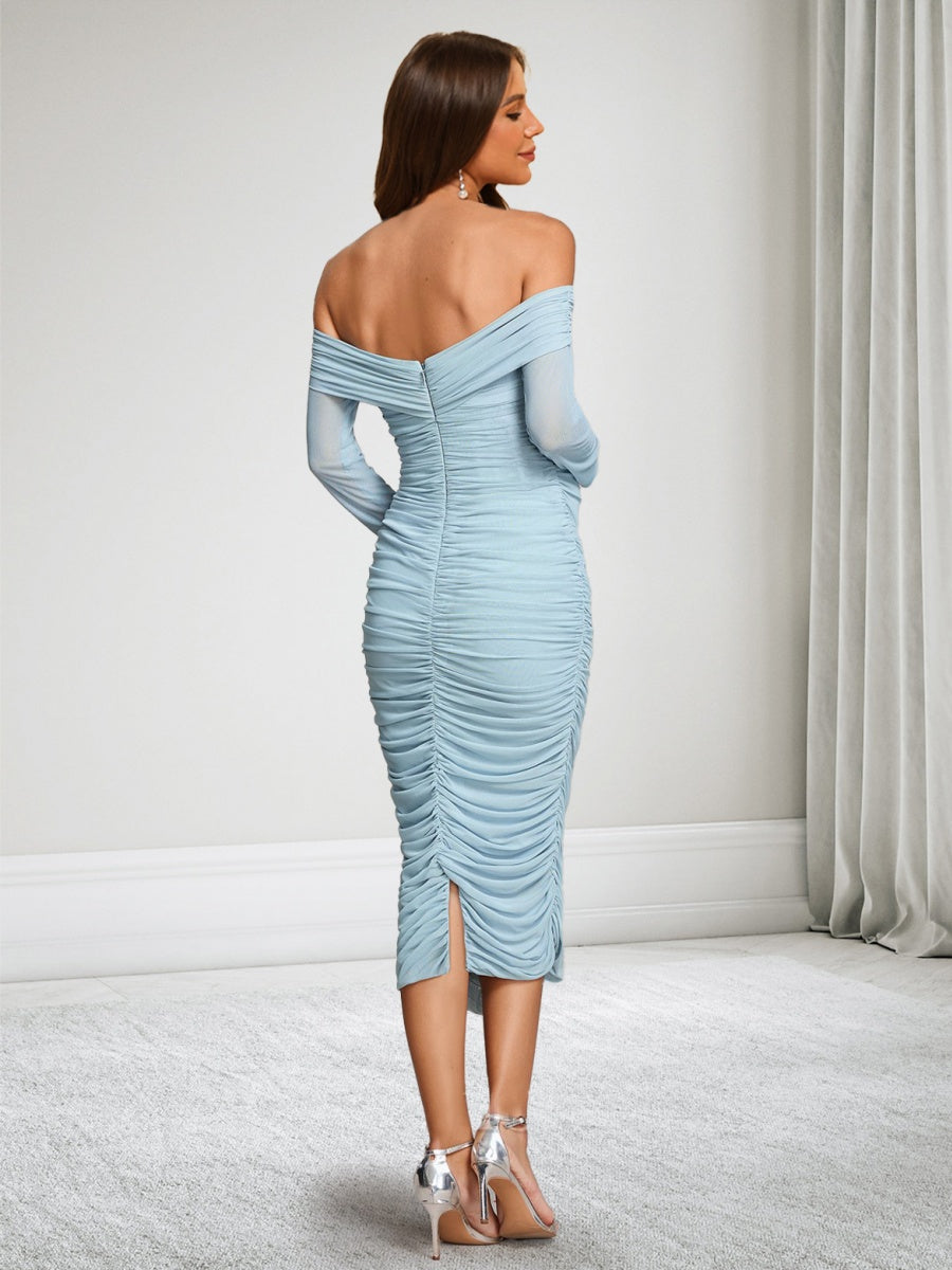 Sheath/Cloumn Off-the-Shoulder Tea-Length Long Sleeves Maternity Wedding Guest Dresses with Ruched
