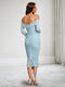 Sheath/Cloumn Off-the-Shoulder Tea-Length Long Sleeves Maternity Wedding Guest Dresses with Ruched
