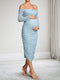 Sheath/Cloumn Off-the-Shoulder Tea-Length Long Sleeves Maternity Wedding Guest Dresses with Ruched