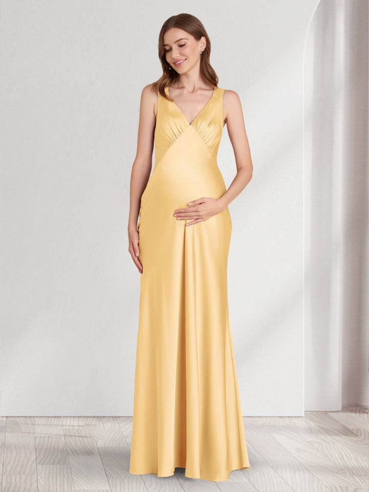 A-Line/Princess V-Neck Sleeveless Floor-Length Ruched Maternity Bridesmaid Dresses