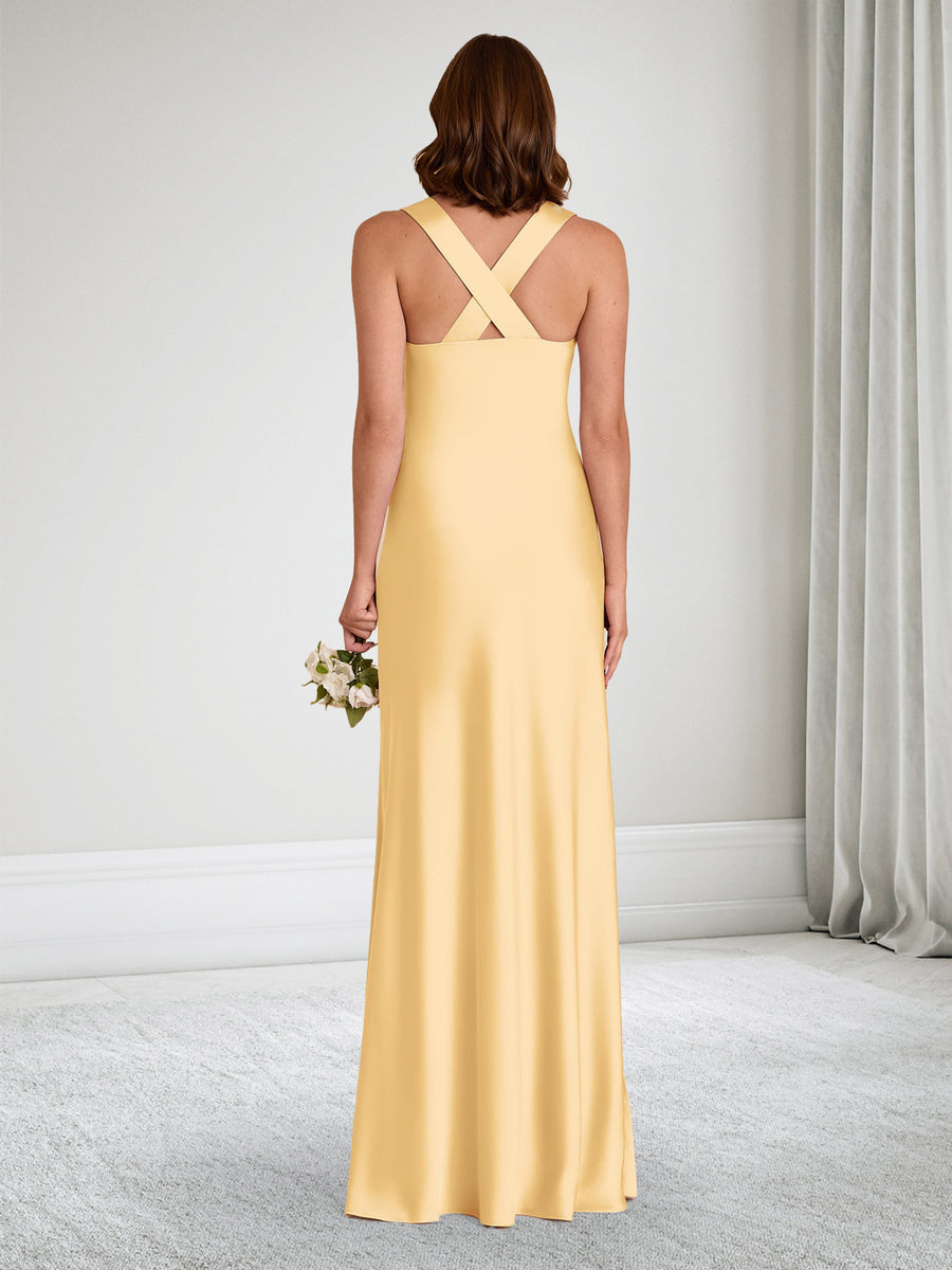 A-Line/Princess V-Neck Sleeveless Floor-Length Ruched Baby Shower Bridesmaid Dresses