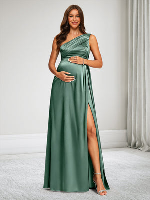 A-Line One-Shoulder Floor-Length Baby Shower Bridesmaid Dresses With Ruffles & Split Side