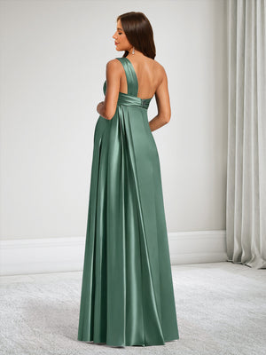 A-Line One-Shoulder Floor-Length Baby Shower Bridesmaid Dresses With Ruffles & Split Side