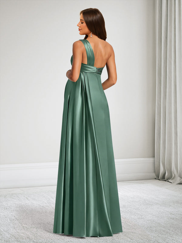 A-Line One-Shoulder Floor-Length Baby Shower Bridesmaid Dresses With Ruffles & Split Side