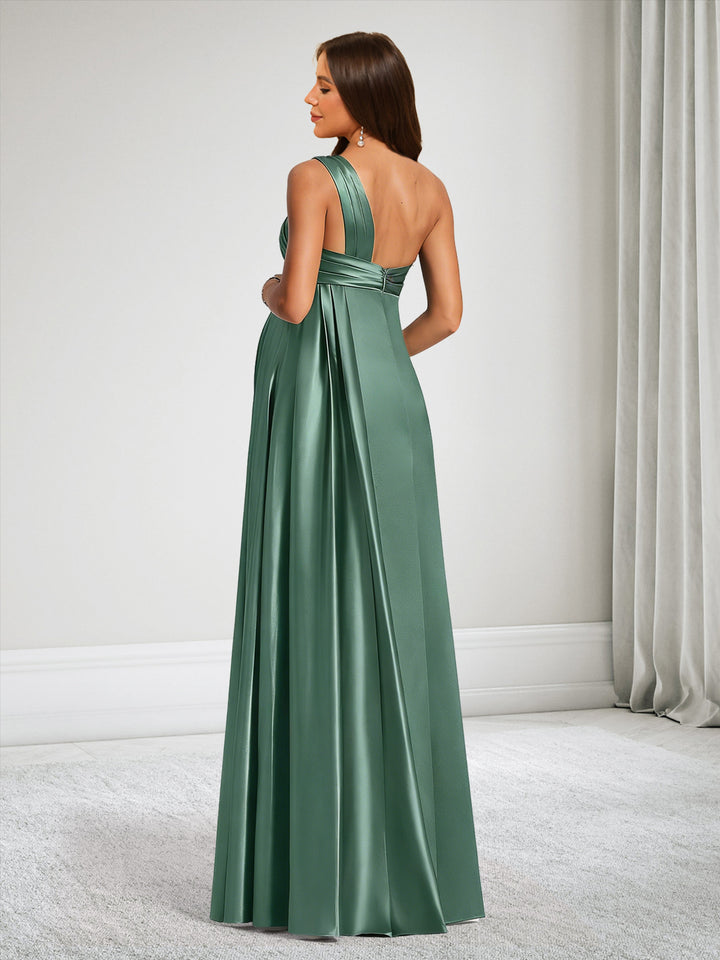 A-Line One-Shoulder Floor-Length Maternity Bridesmaid Dresses With Ruffles &amp; Split Side