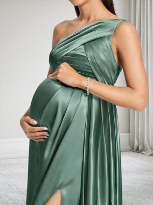 A-Line One-Shoulder Floor-Length Baby Shower Bridesmaid Dresses With Ruffles & Split Side