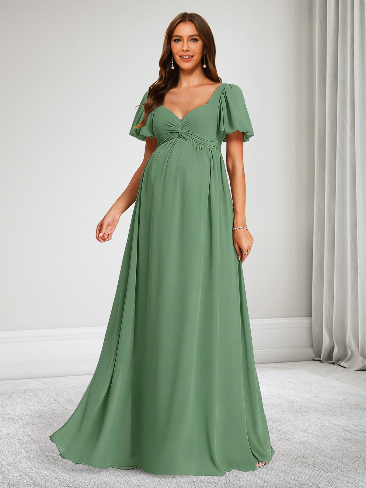 A-Line V-Neck Maternity Bridesmaid Dresses With Ruffles & Bow