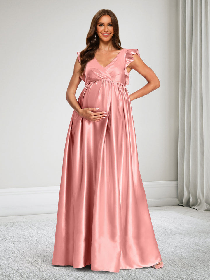 A-Line V-Neck Maternity Bridesmaid Dresses With Ruffles