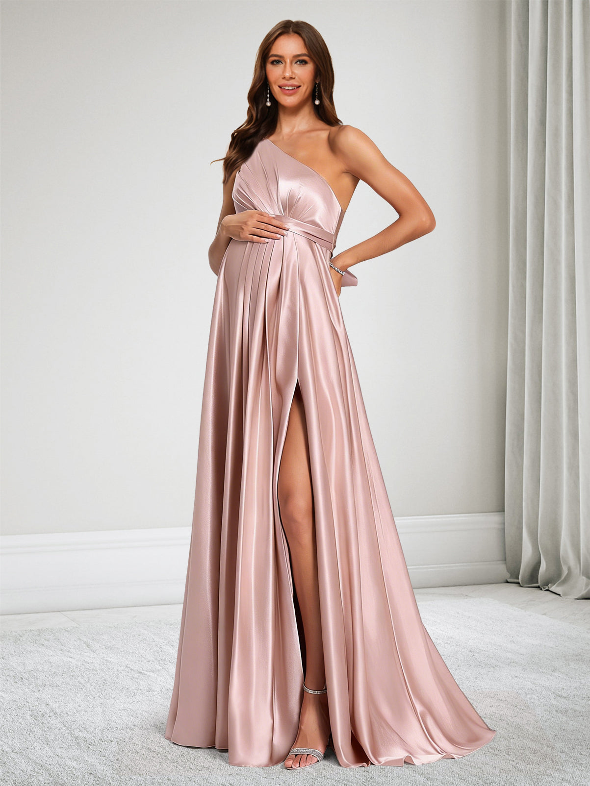 A-Line/Princess One-Shoulder Maternity Bridesmaid Dresses With Ruffles & Bowknot