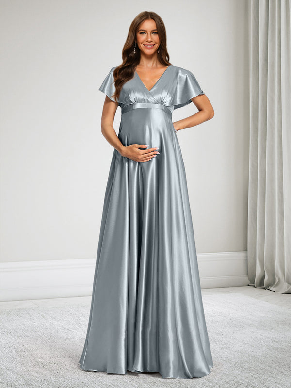 A-Line V-Neck Baby Shower Bridesmaid Dresses With Bow & Ruffles