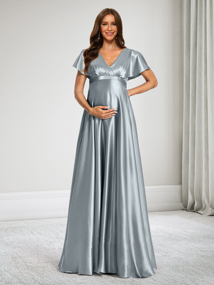 A-Line V-Neck Maternity Bridesmaid Dresses With Bow &amp; Ruffles