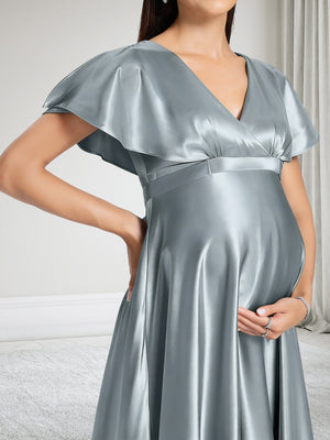 A-Line V-Neck Baby Shower Bridesmaid Dresses With Bow & Ruffles