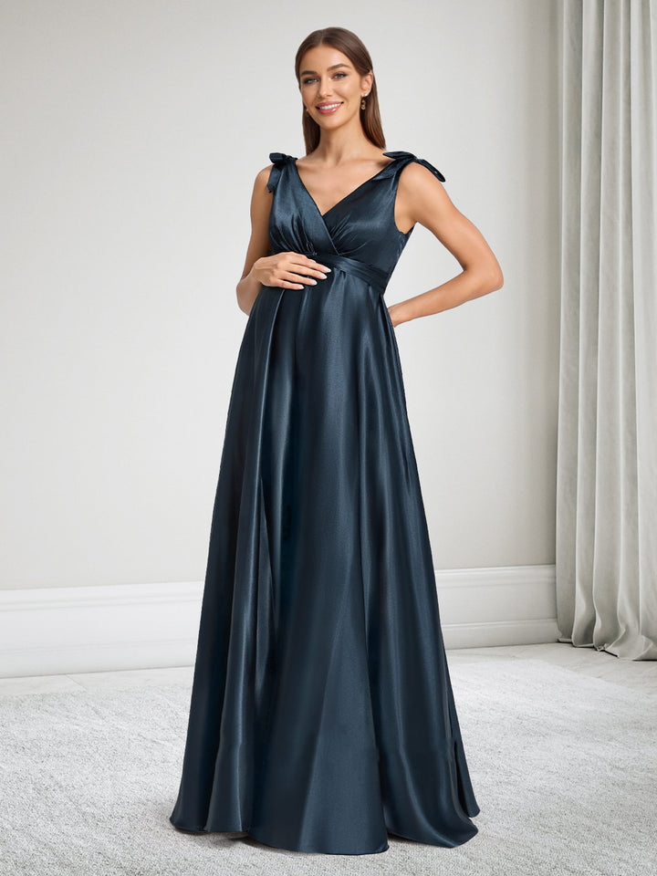 A-Line V-Neck Maternity Bridesmaid Dresses With Bow &amp; Ruffles