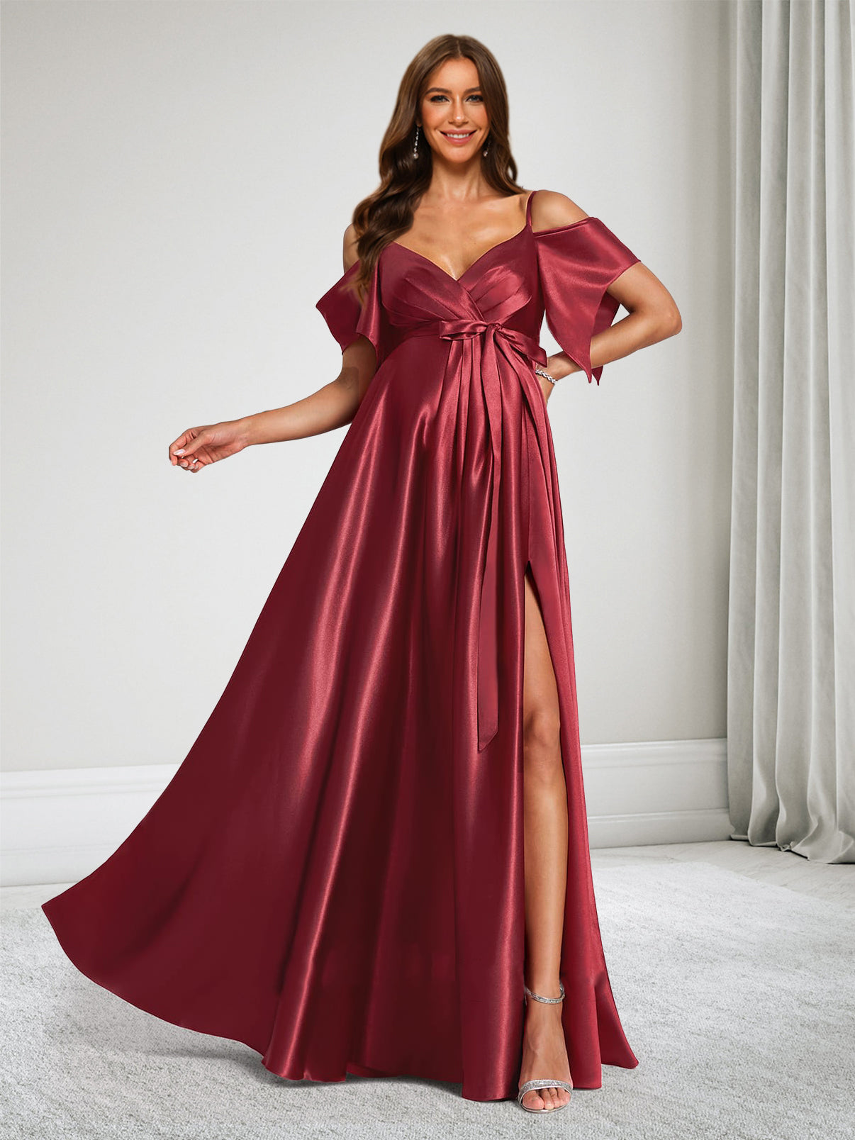 A-Line Cold Shoulder Sleeveless Maternity Bridesmaid Dresses With Bow & Split Side