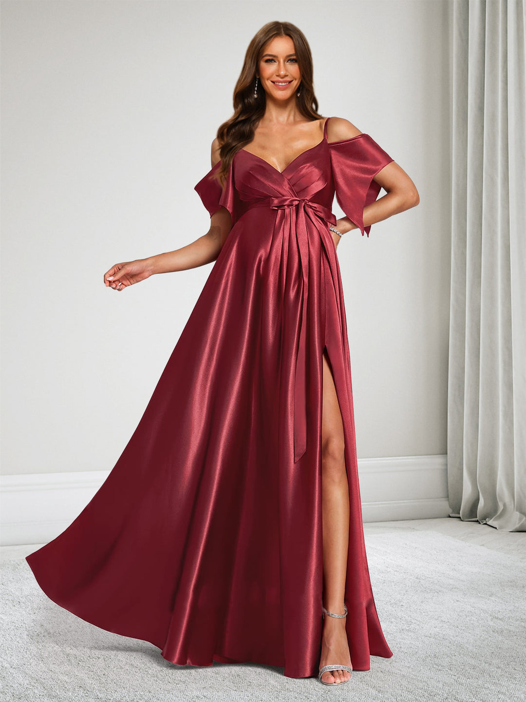 Elegant A-Line Cold Shoulder Sleeveless Maternity Dress Bridesmaid Dresses With Bow & Split Side 2026