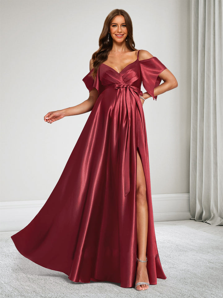 A-Line Cold Shoulder Sleeveless Maternity Bridesmaid Dresses With Bow &amp; Split Side