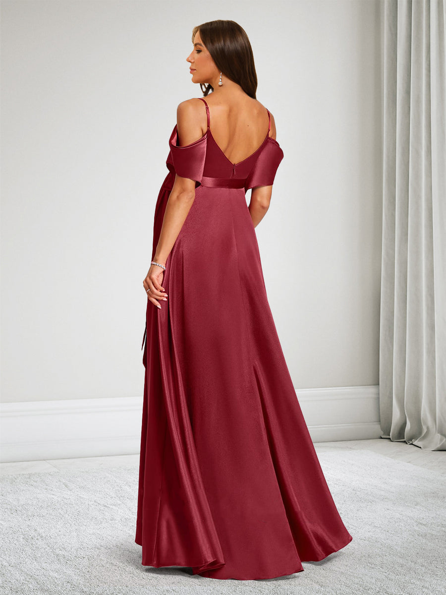 A-Line Cold Shoulder Sleeveless Baby Shower Bridesmaid Dresses With Bow & Split Side