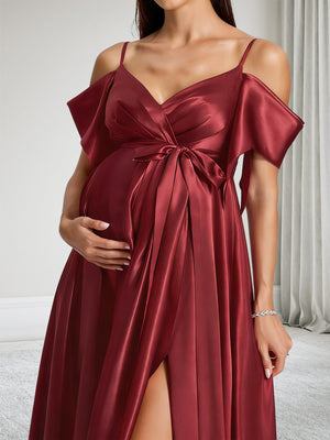 A-Line Cold Shoulder Sleeveless Baby Shower Bridesmaid Dresses With Bow & Split Side