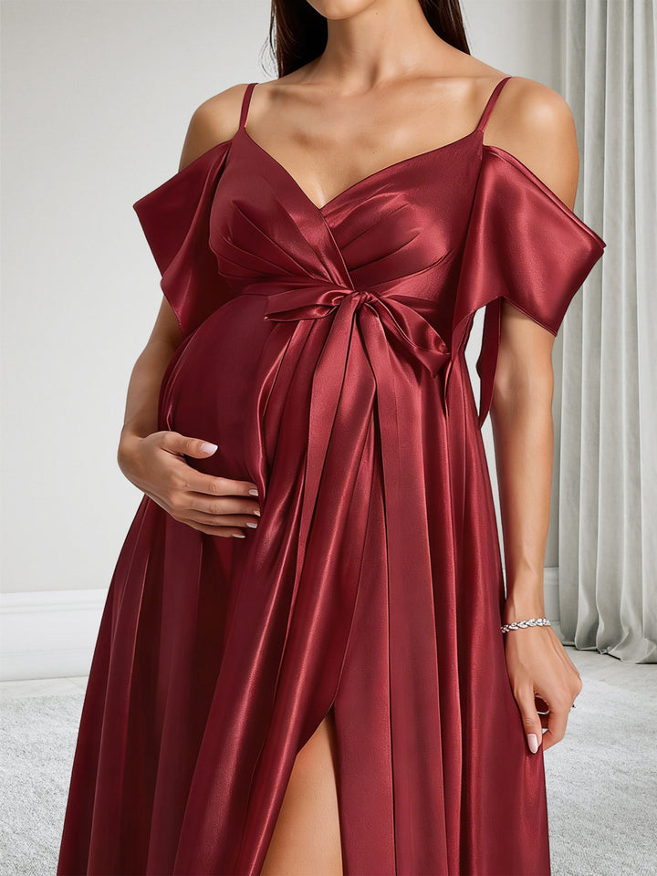 A-Line Cold Shoulder Sleeveless Maternity Bridesmaid Dresses With Bow &amp; Split Side