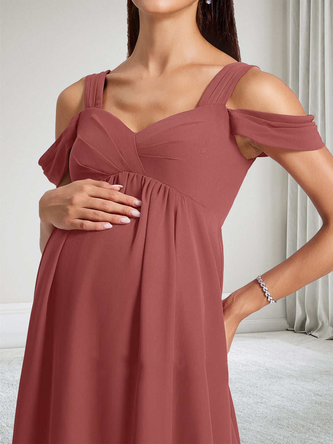 A-Line Cold Shoulder V-Neck Maternity Bridesmaid Dresses With Pleated