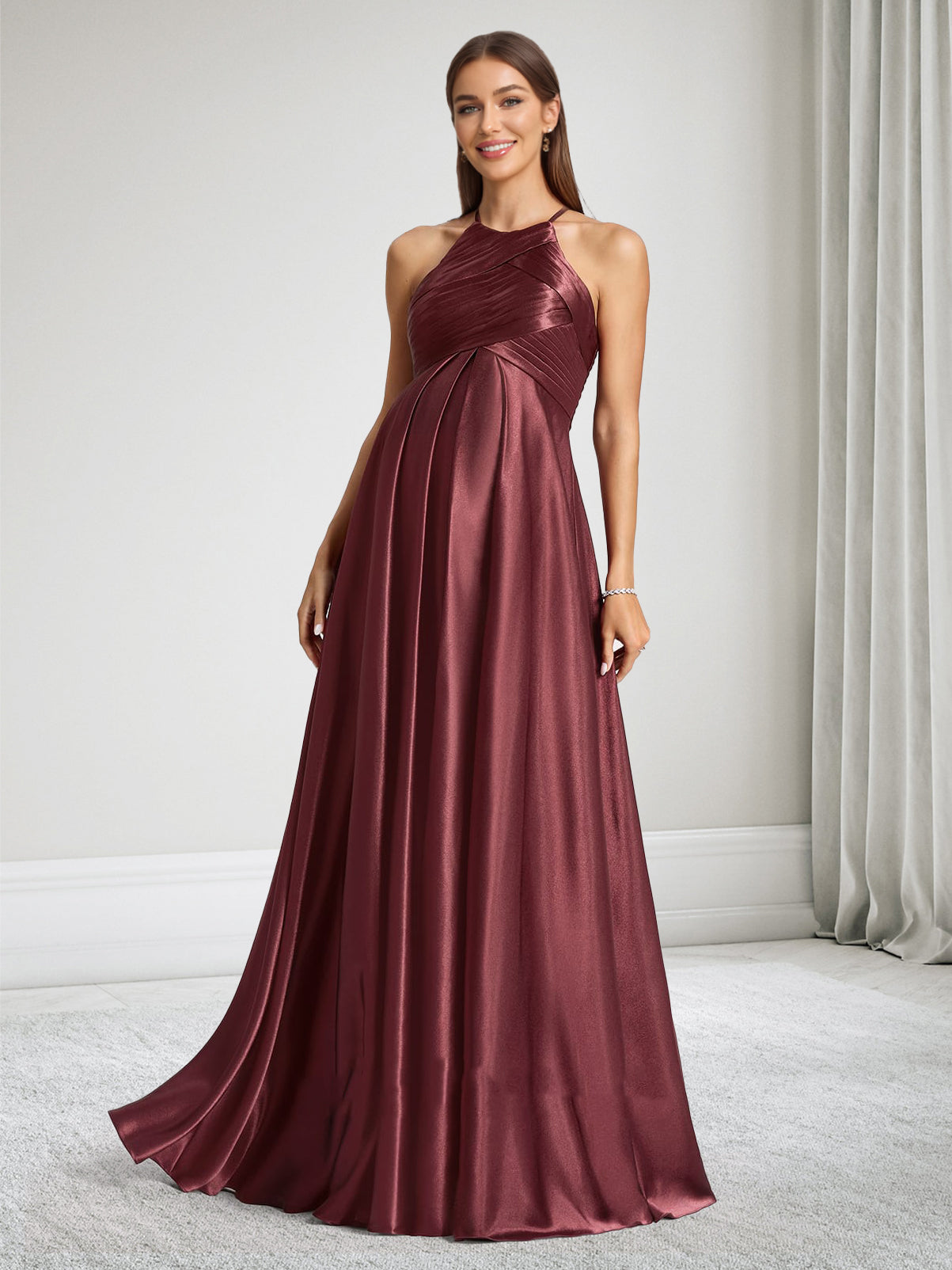 A-Line Halter Ruched Maternity Bridesmaid Dresses With Ruffles
