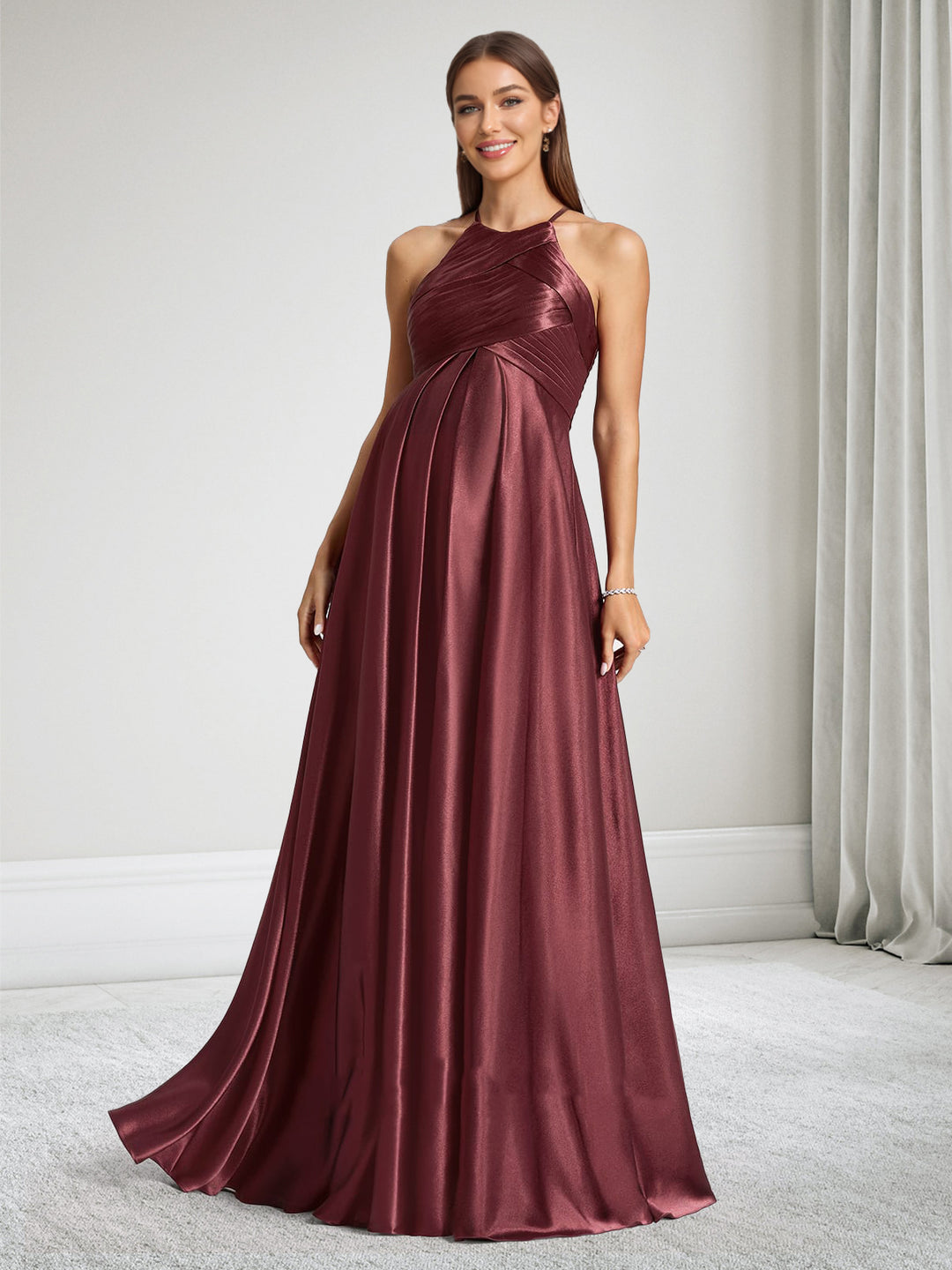 Elegant A-Line Halter Ruched Maternity Dress Bridesmaid Dresses With Ruffles 2026