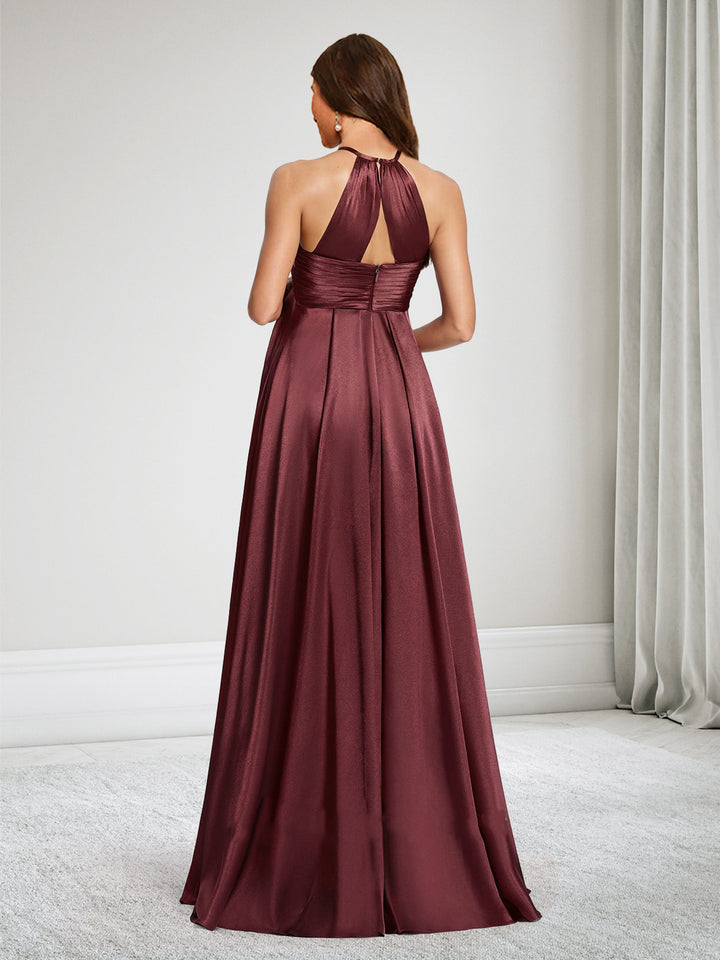 A-Line Halter Ruched Maternity Bridesmaid Dresses With Ruffles