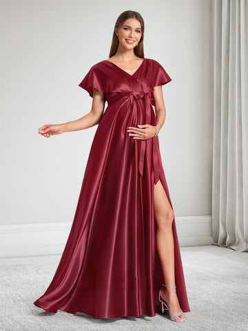 A-Line V-Neck Baby Shower Bridesmaid Dresses With Bow & Ruffles