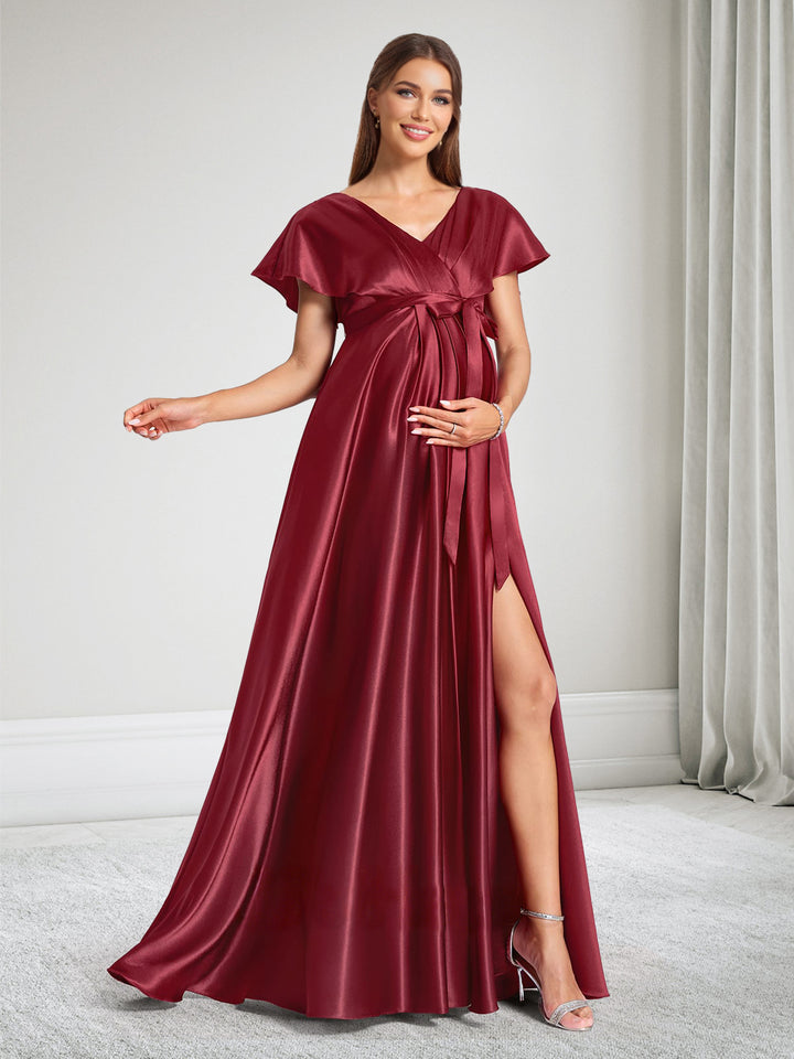 A-Line V-Neck Maternity Bridesmaid Dresses With Bow &amp; Ruffles