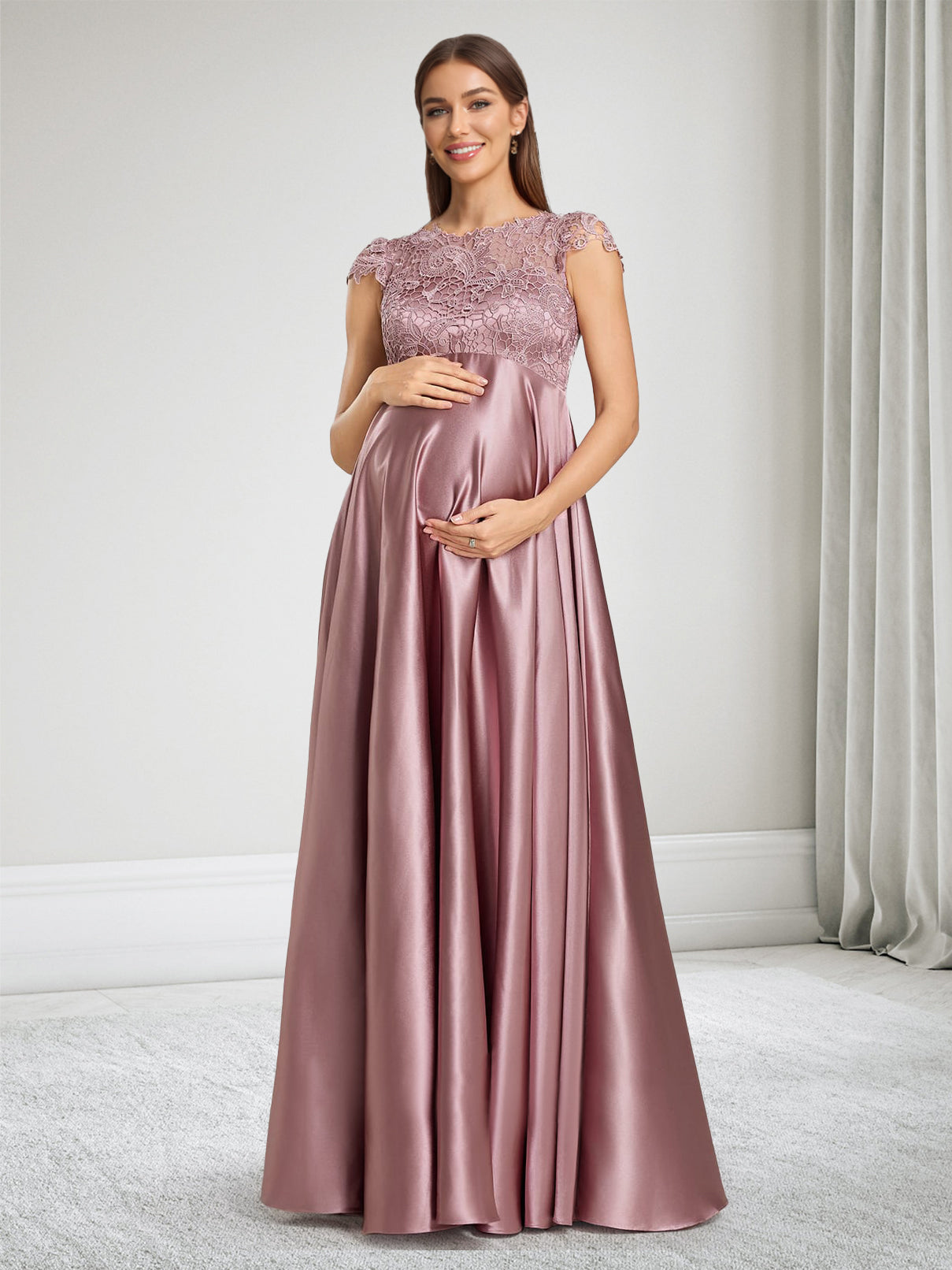 Satin A-Line Illusion Boat Neck Maternity Bridesmaid Dresses With Lace