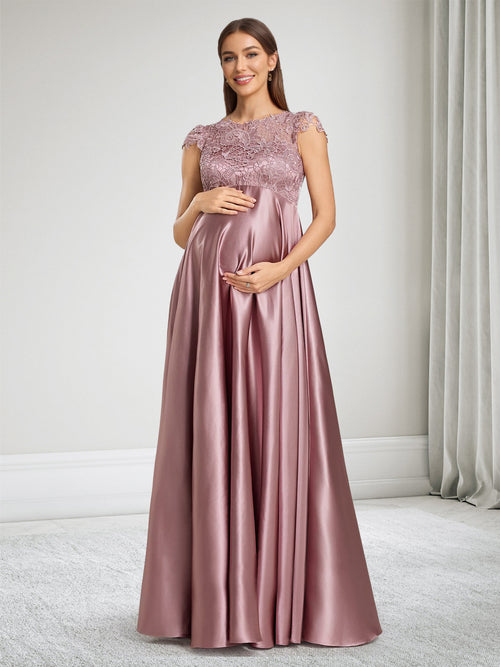 lace maternity bridesmaid dresses Grey Pregnant Lace Top Modest Illusion Neck Maxi Bridesmaid Dresses